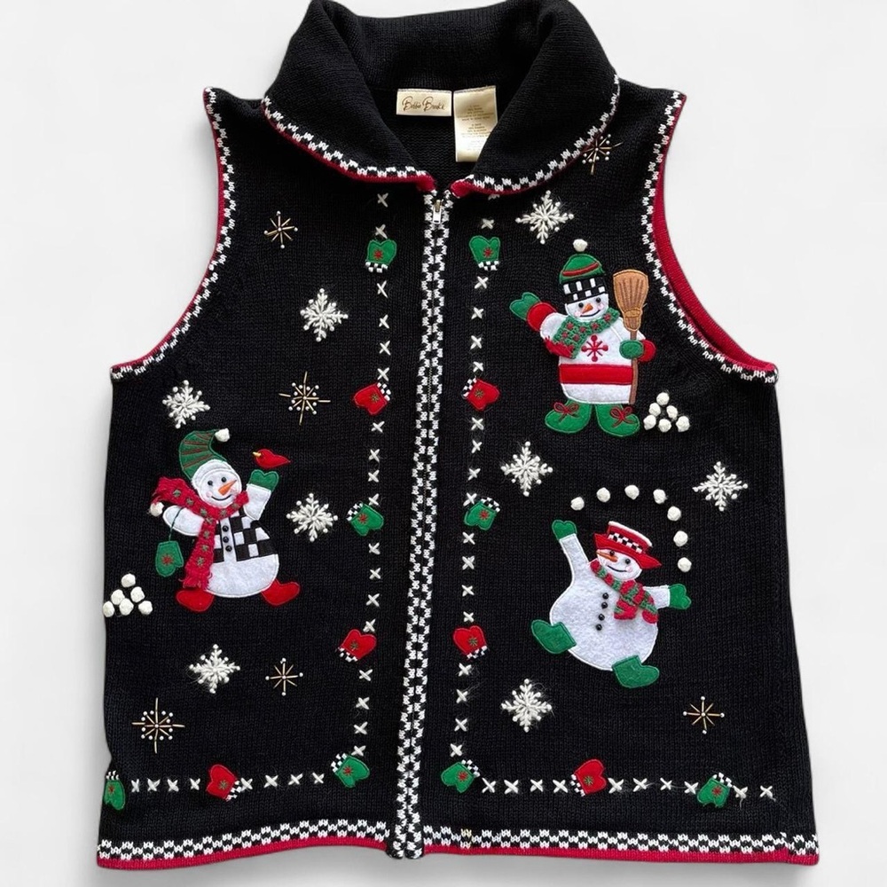 Vintage Bobbie Brooks Black Knit Embroidered Christmas Snowman Sweater Vest L